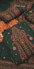HUSSAIN REHAR DHANAK MARINA 3PC ARTICLE WINTER EMBROIDERED ORANGEGREENMJ