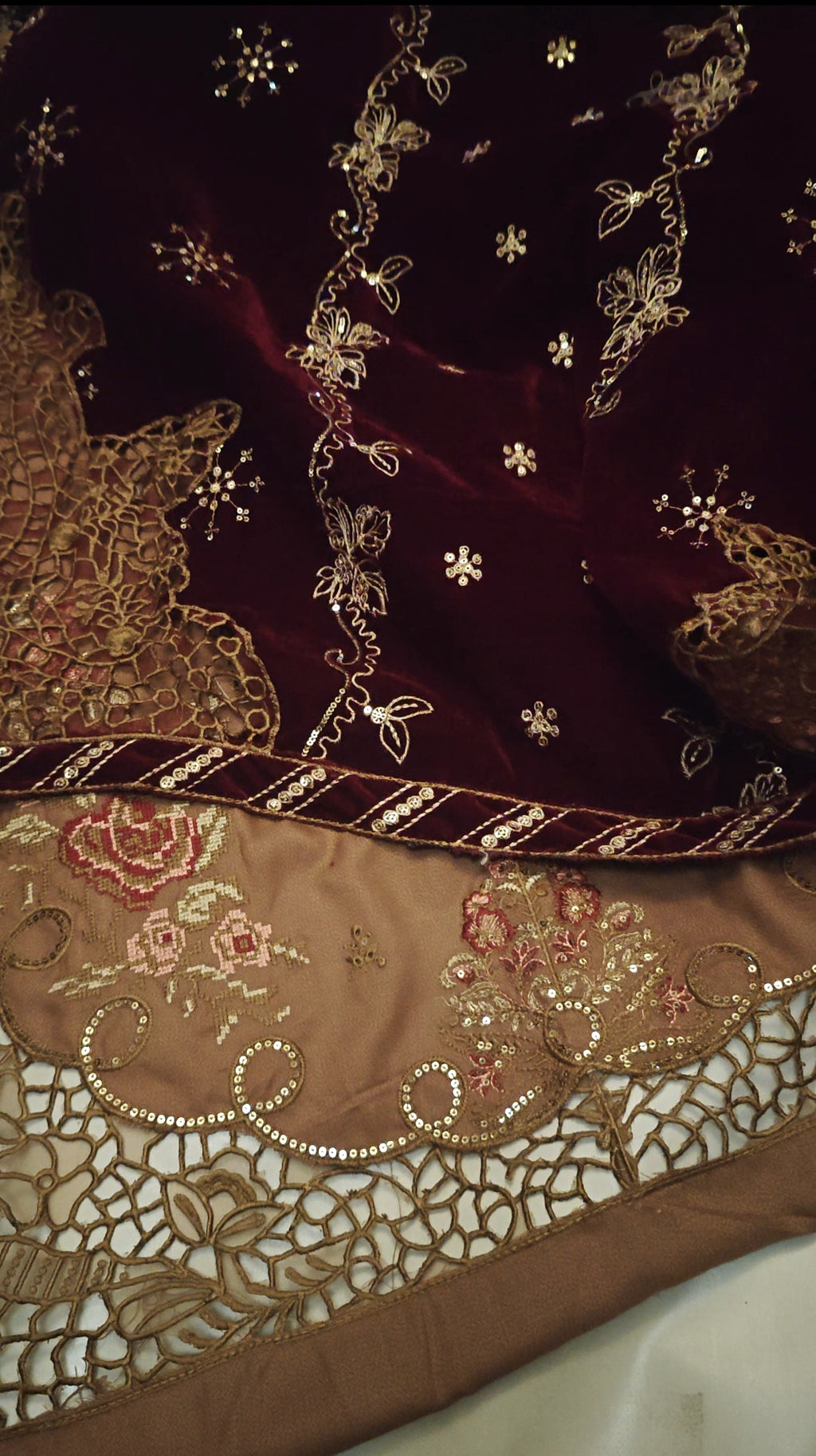 PEACH WOOL VELVET DUPPATA 3 PIECE ARTICLE